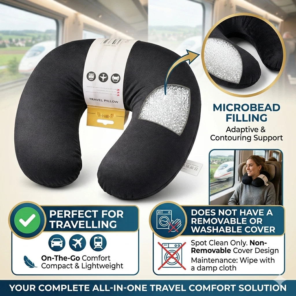 Ergonomic Neck Pillow Head Support Soft Cushion Micro Bead Travel Office - BLACK