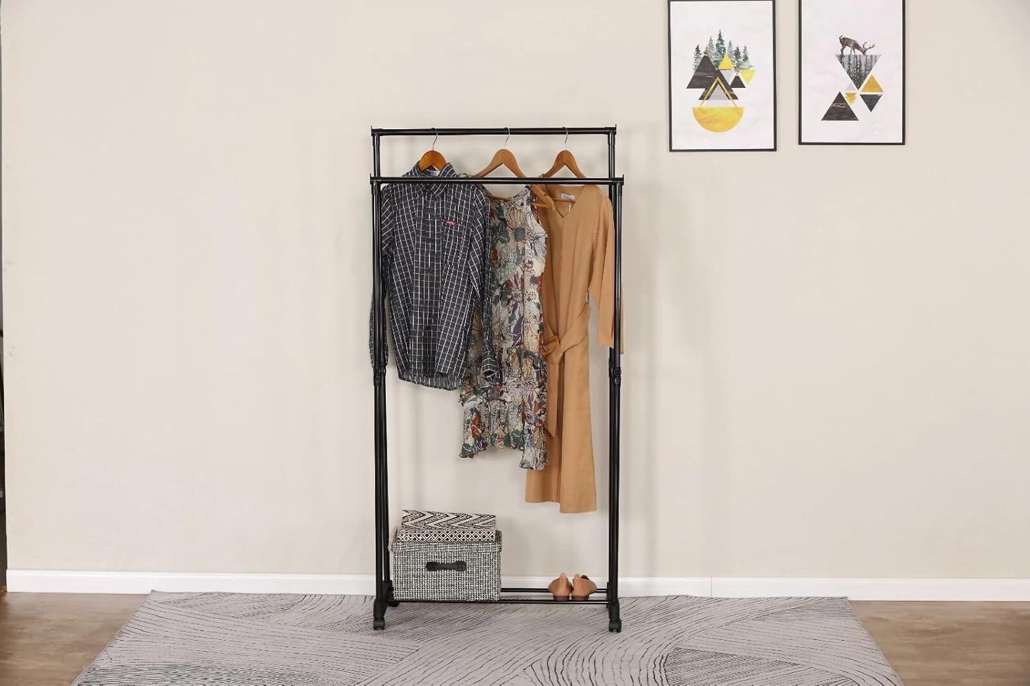 Clothes Rail Movable Double Hanging Clothes Rack with Wheels Bottom Shoes Shelf 74.5x39x157 cm