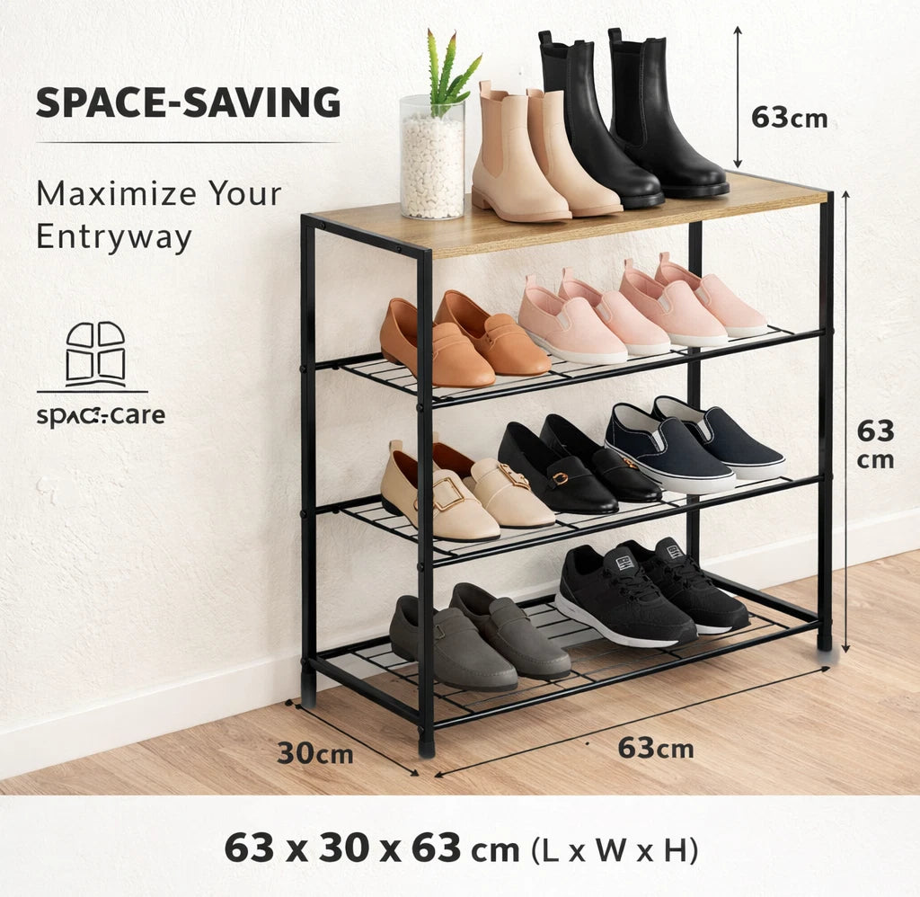4 Tier Shoe Rack Metal Storage Organiser with Wooden Top – Footwear Storage Shelf for Hallway, Home & Bedroom