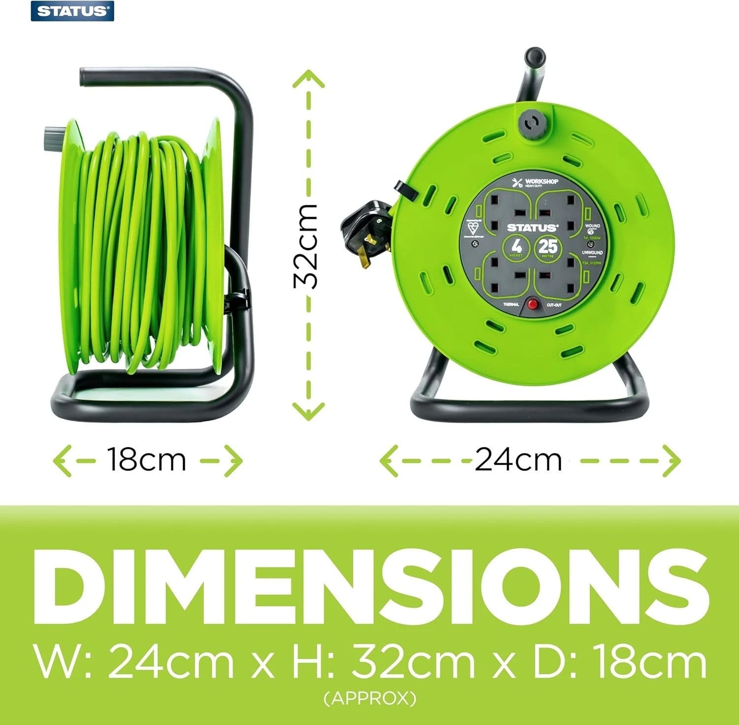 25m Extension Lead Reel – 4 Socket 13A Heavy Duty Cable Reel with Thermal Cut-Out for Indoor & Outdoor Power Use