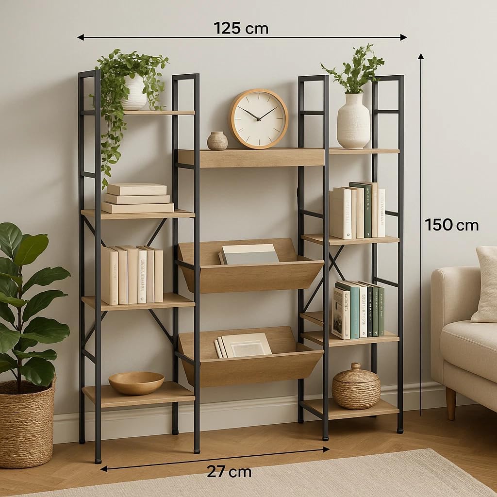 4 Tier Bookshelf Large Bookcase Storage Unit – 11 Open Metal Shelves Display Rack (125x27x150cm)