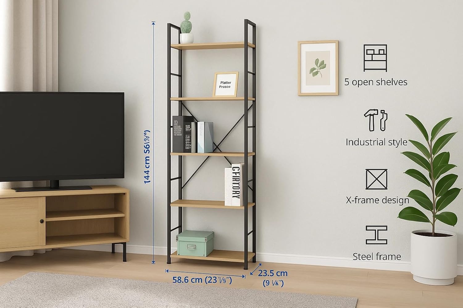 5 Tier Ladder Shelf Bookcase – Wide Display Storage Shelving Unit 58.6 x 23.5 x 144cm