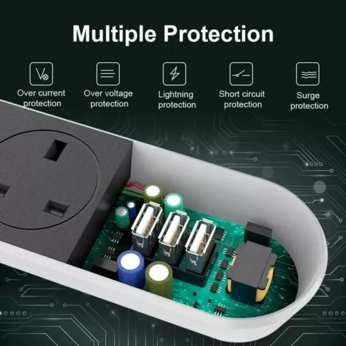 Surge Protected Extension Lead With USB 3 Gang Way 1.6M Electric Plug Socket UK