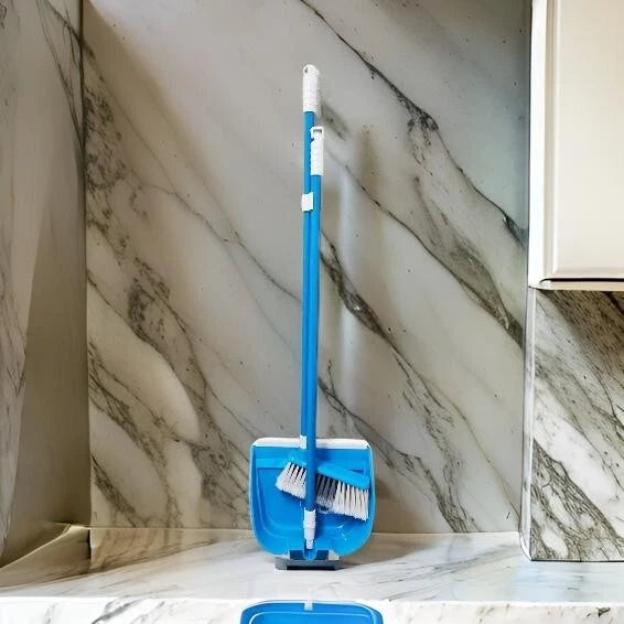 Long Handled Dustpan and Brush Set Broom Floor Sweeper Cleaning Blue Foldable