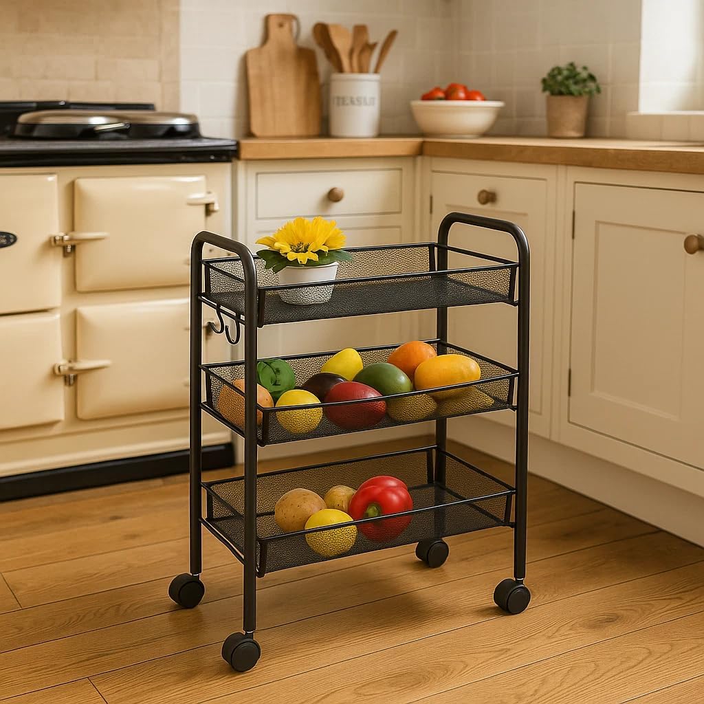 3 Tier Storage Cart Metal Kitchen Trolley on Wheels Organiser Utility Rack 44x26x62 cm