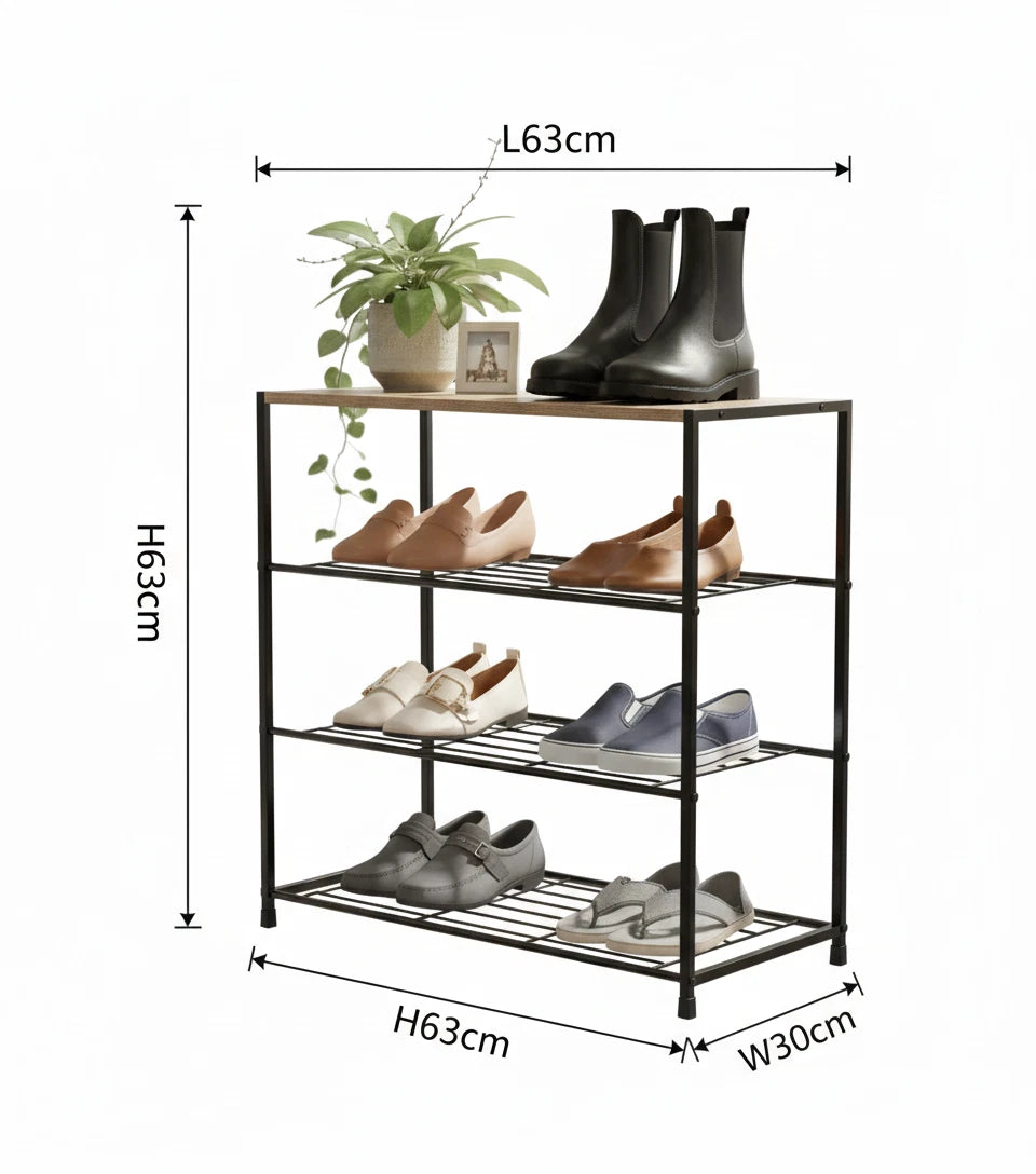 4 Tier Shoe Rack Metal Storage Organiser with Wooden Top – Footwear Storage Shelf for Hallway, Home & Bedroom