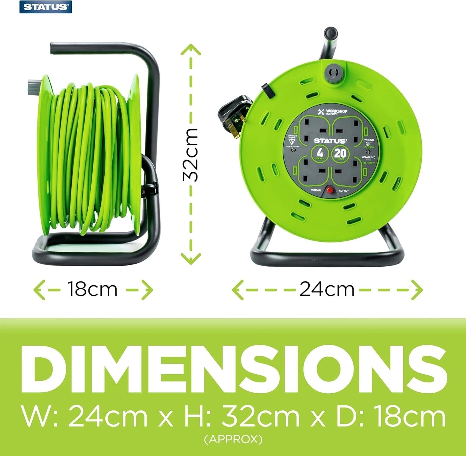 20m Extension Lead Reel – 4 Socket 13A Heavy Duty Cable Reel with Thermal Cut-Out for Home, Garden & Workshop