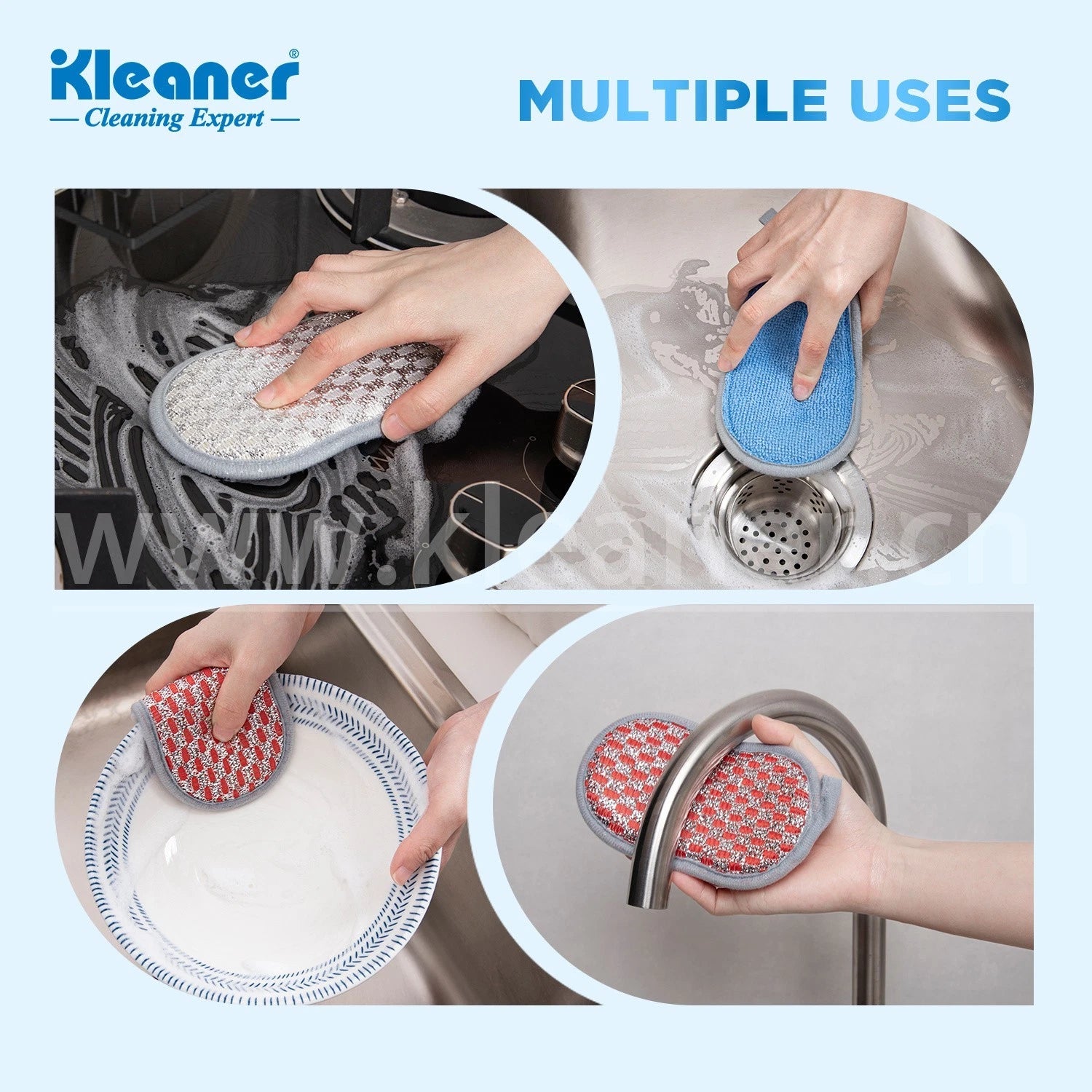 3 Microfibre Sponge Scourer Kitchen Cleaning Pads Non Scratch Dual Side Scrubber