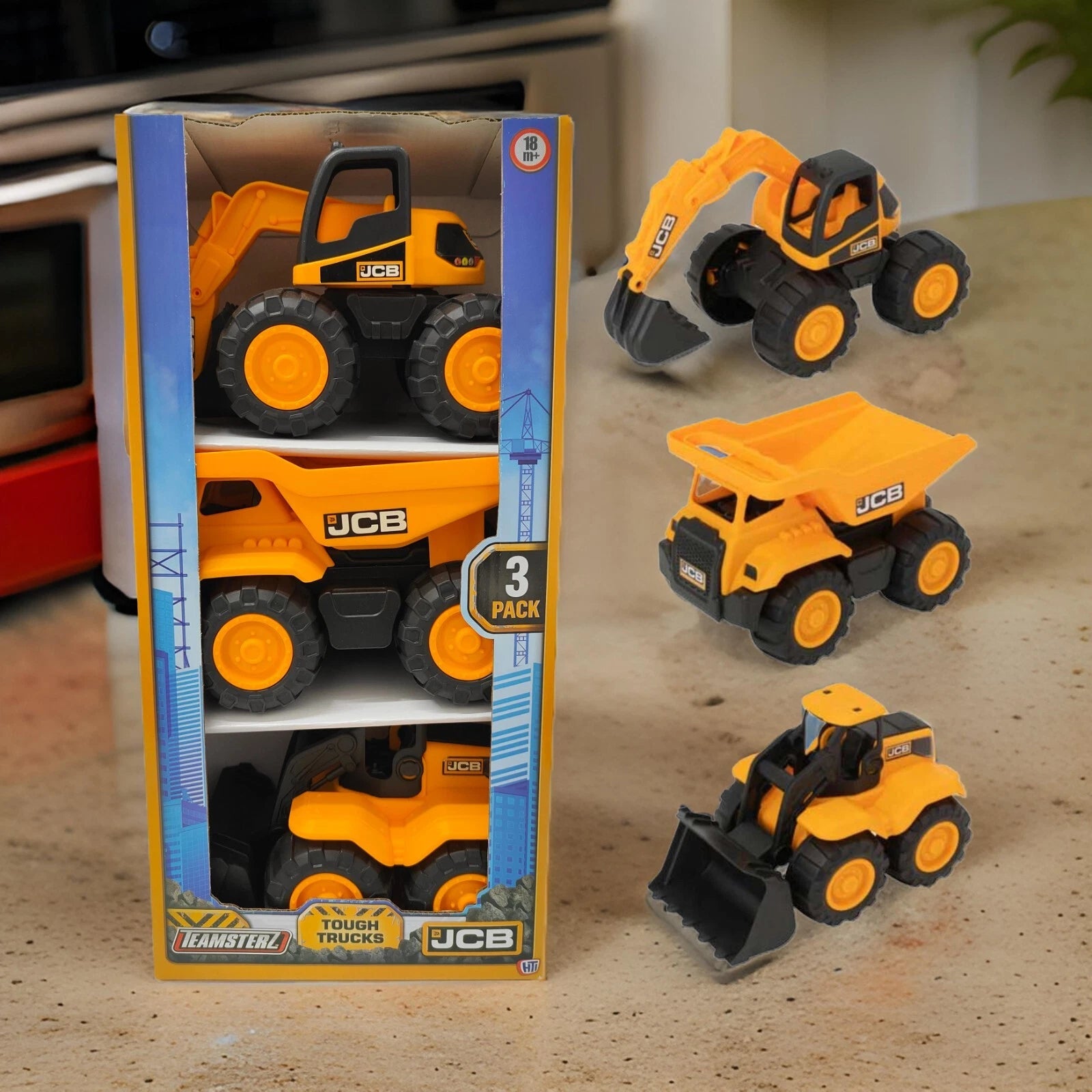 Set of 3 JCB Construction Vehicle Toys – 7 Inch Truck & Trailer Playset for Kids, Boys & Girls Gift