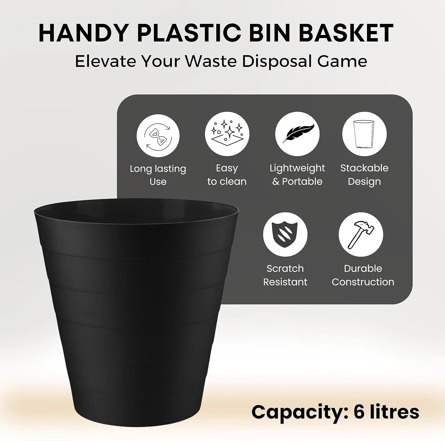 6L Round Plastic Waste Bin – Kitchen, Office & Bathroom Rubbish Dustbin for Home Use
