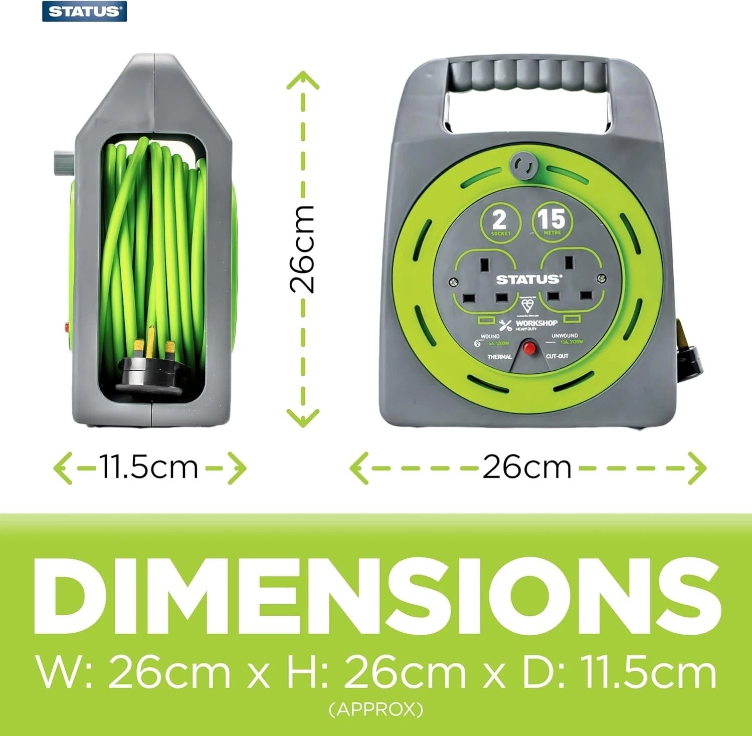 15m Extension Lead Reel – 2 Socket 13A Heavy Duty Cable Reel with Thermal Cut-Out for Indoor & Outdoor Use
