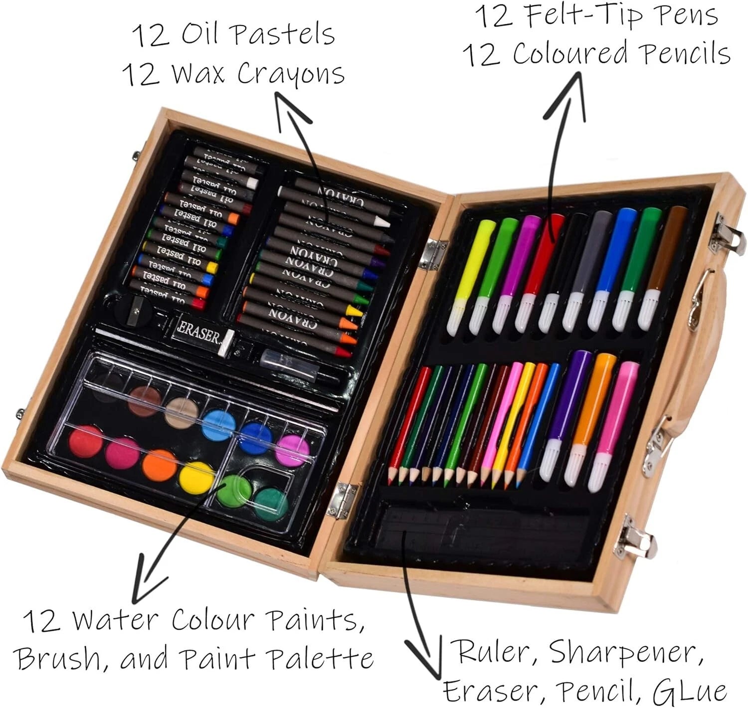 Kids Art Set 67 Piece Traditional Wooden Box Carry Case Pens Pencils Crayons NEW
