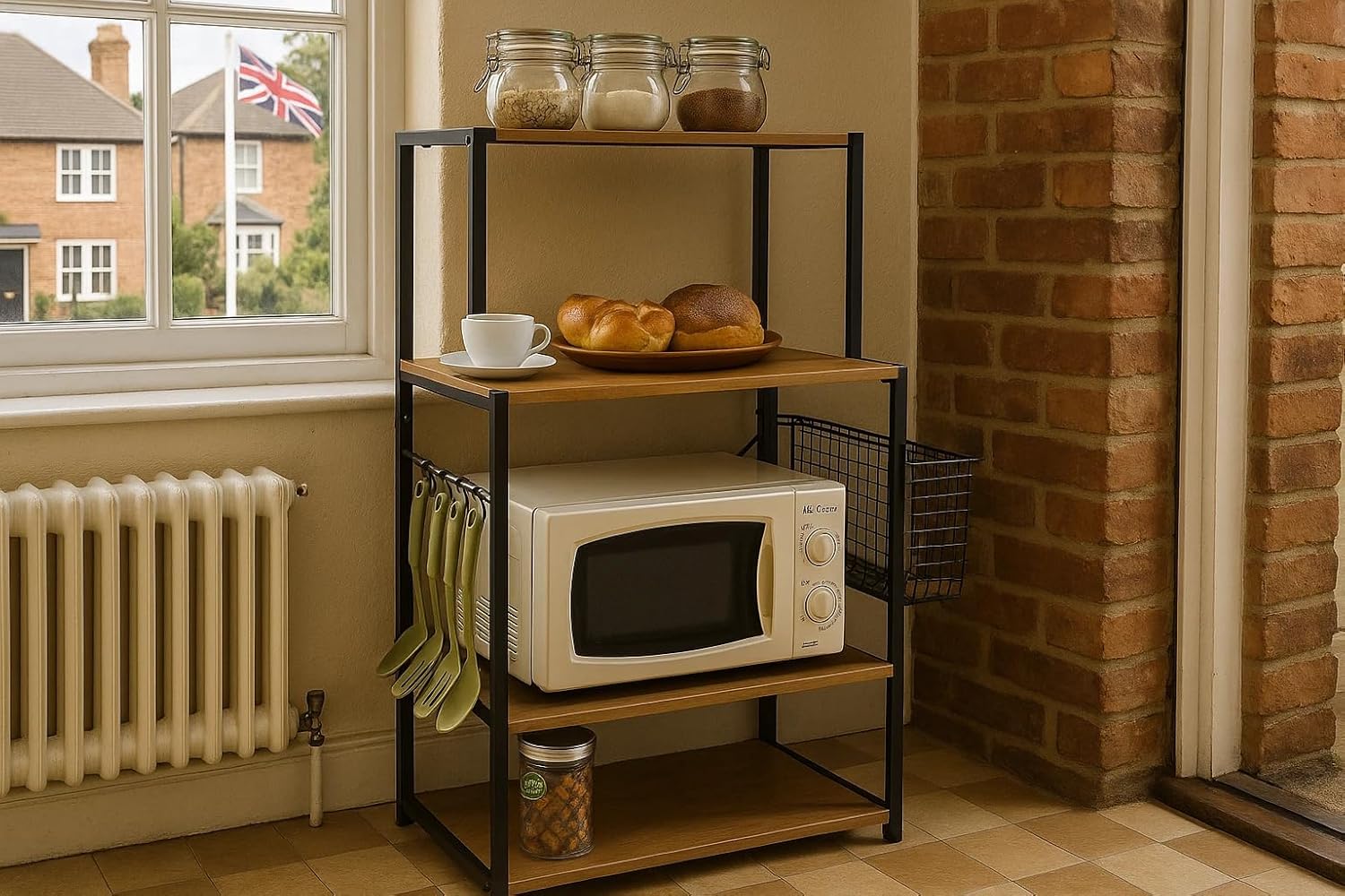 4 Tier Microwave Oven Stand Shelf Rack – Kitchen Storage Unit with Hooks & Cutlery Holder (75.5x40x123cm)