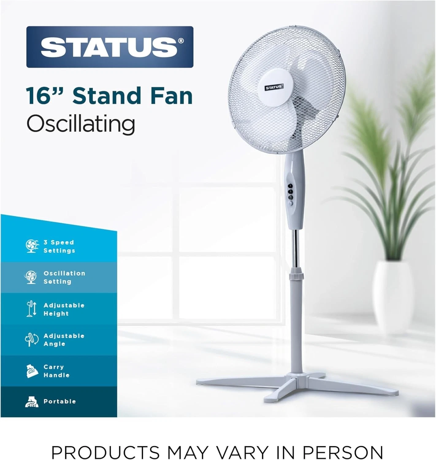 16 Inch Pedestal Fan 3 Speed Oscillating Adjustable Height Cooling Fan White UK