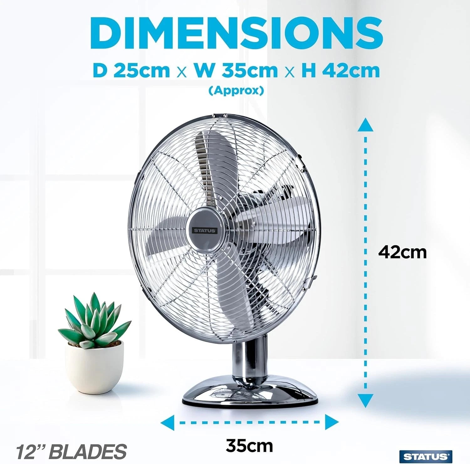 12 Inch Cooling Desk Fan Oscillating 3 Speed Chrome Metal Table Fan Adjustable