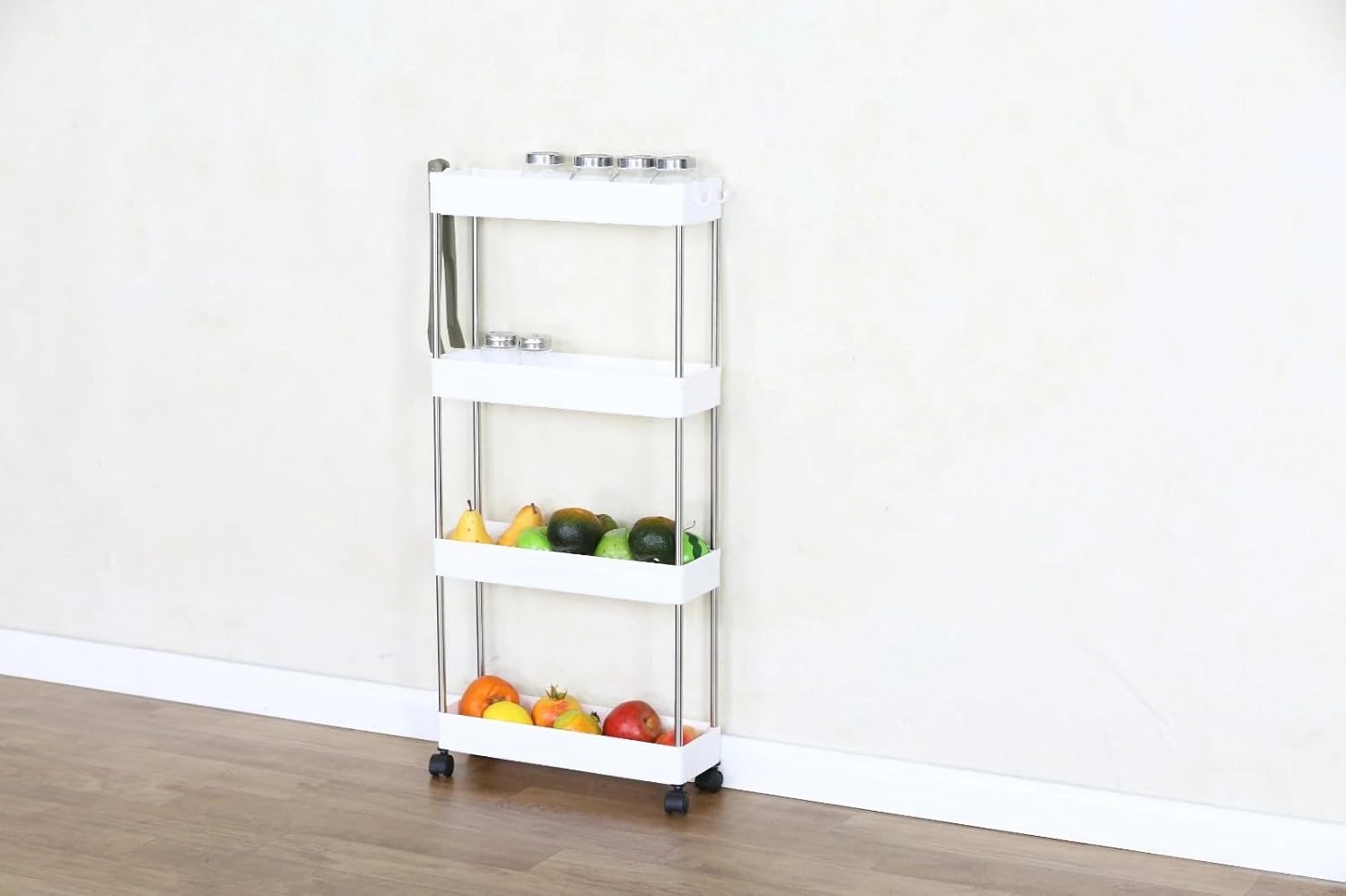 4-Tier Kitchen Storage Trolley on Wheels – Slim Plastic Rolling Organizer Rack 40×12.5×85 cm | Multi-Purpose Bathroom, Living Room & Home Utility Cart