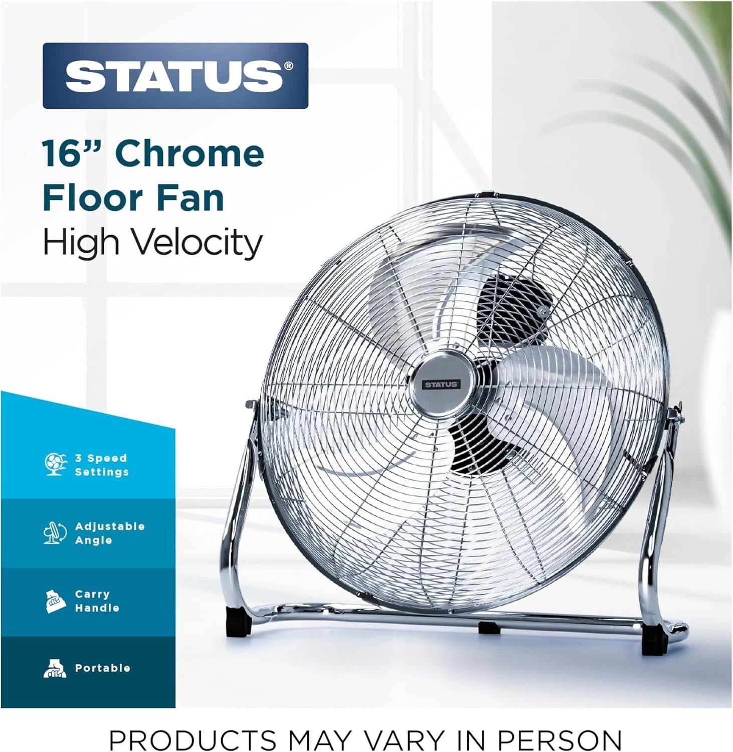 16 Inch Floor Fan Chrome Metal 3 Speed High Velocity Portable Adjustable Tilt