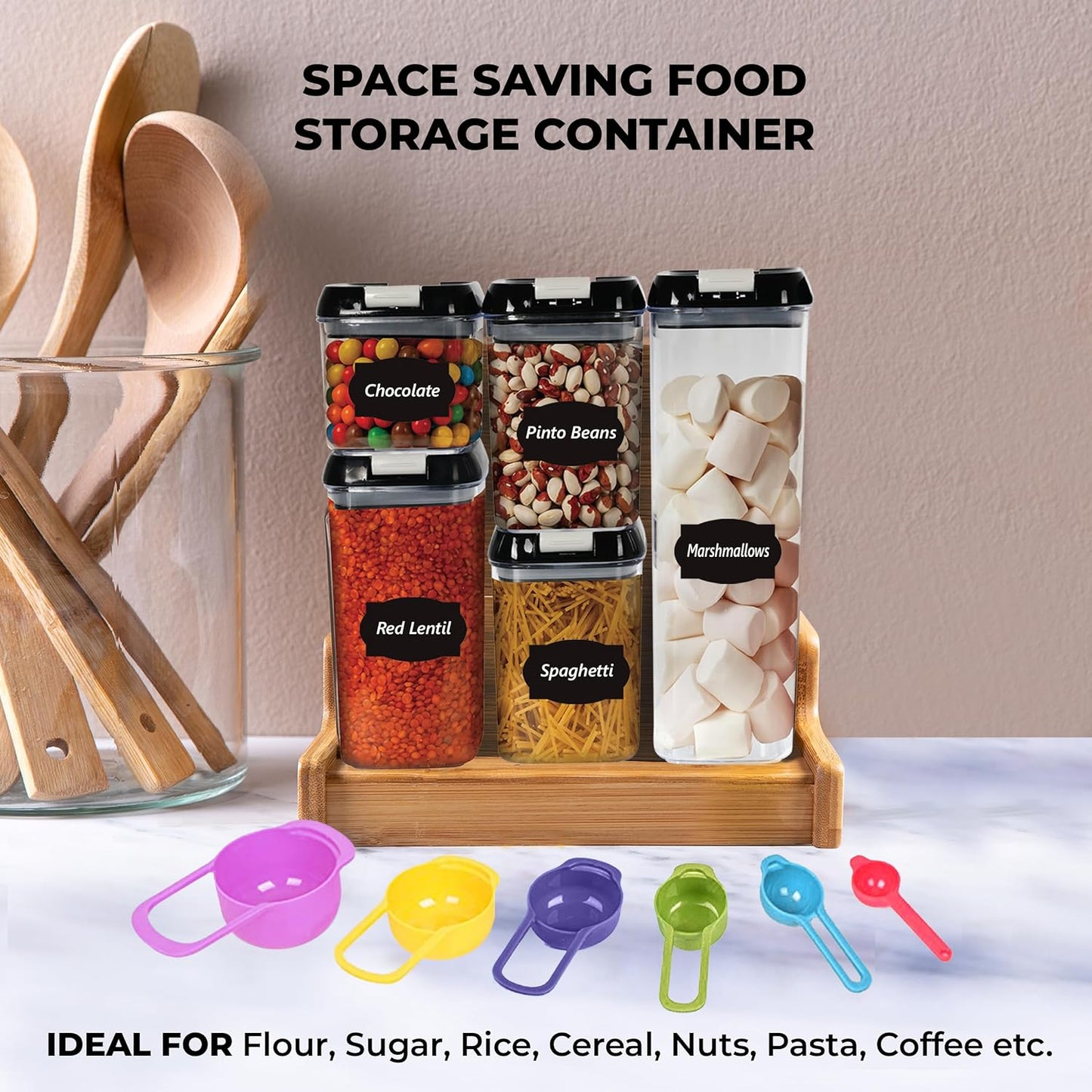 Top 3 Airtight Food Storage Containers – Pack Of 5 Plastic Multi-Size Storage Jars With 1 Marker, 10 Labels and 6 Measuring Spoons, For Flour, Cereals, Grains, Sugar, Pasta etc (Pack of 5)