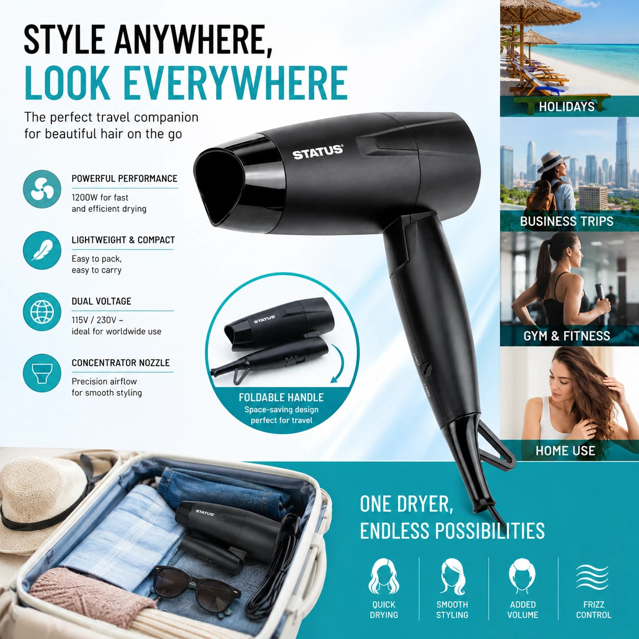 Travel Hair Dryer Foldable 1200W – Dual Voltage Portable Blow Dryer with 2 Speeds for Home & Travel Use
