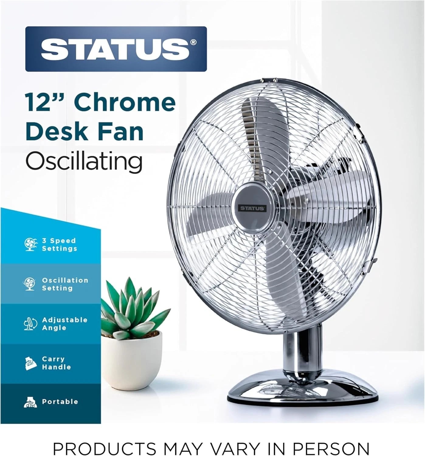 12 Inch Cooling Desk Fan Oscillating 3 Speed Chrome Metal Table Fan Adjustable