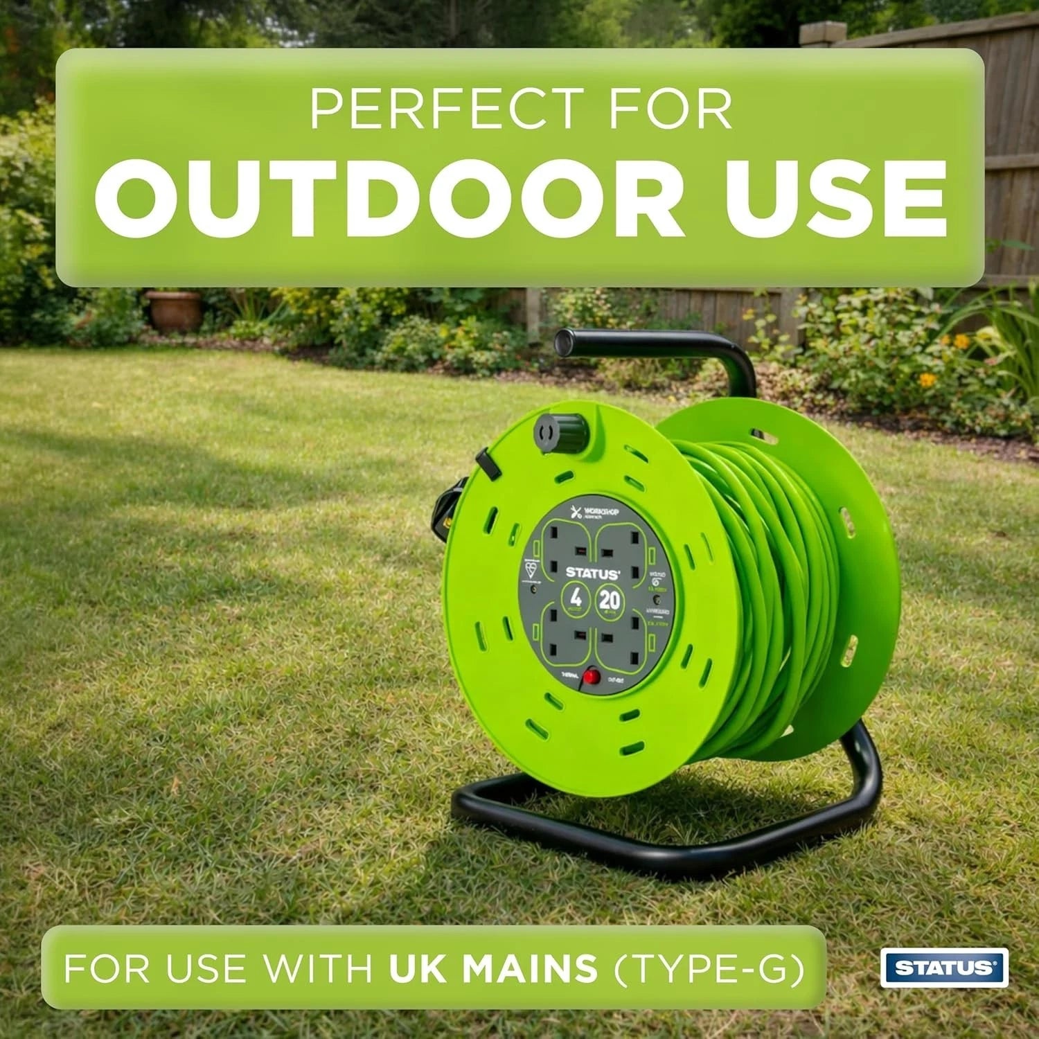 20m Extension Lead Reel – 4 Socket 13A Heavy Duty Cable Reel with Thermal Cut-Out for Home, Garden & Workshop