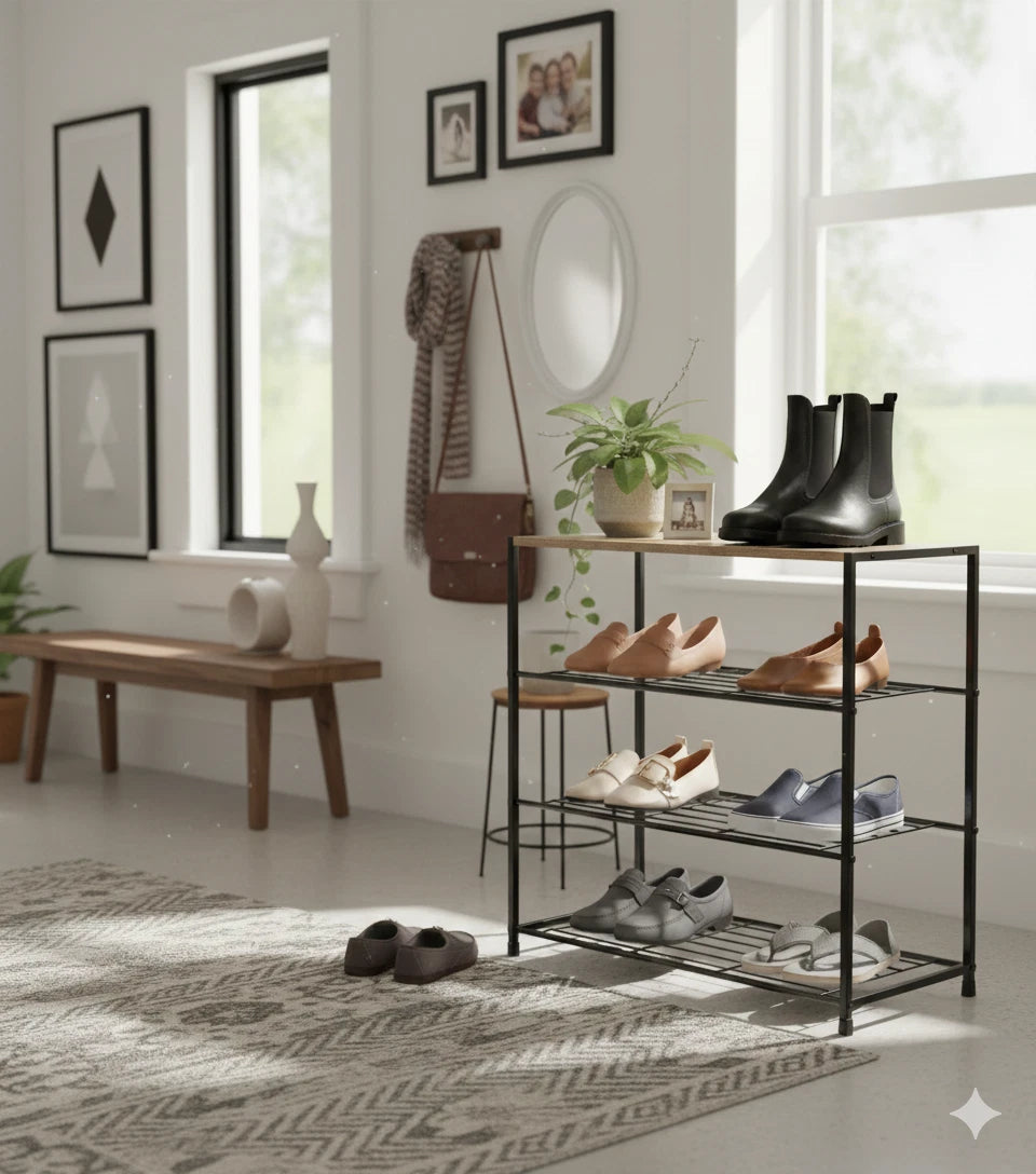 4 Tier Shoe Rack Metal Footwear Storage Organiser Wooden Top Shelves Hallway