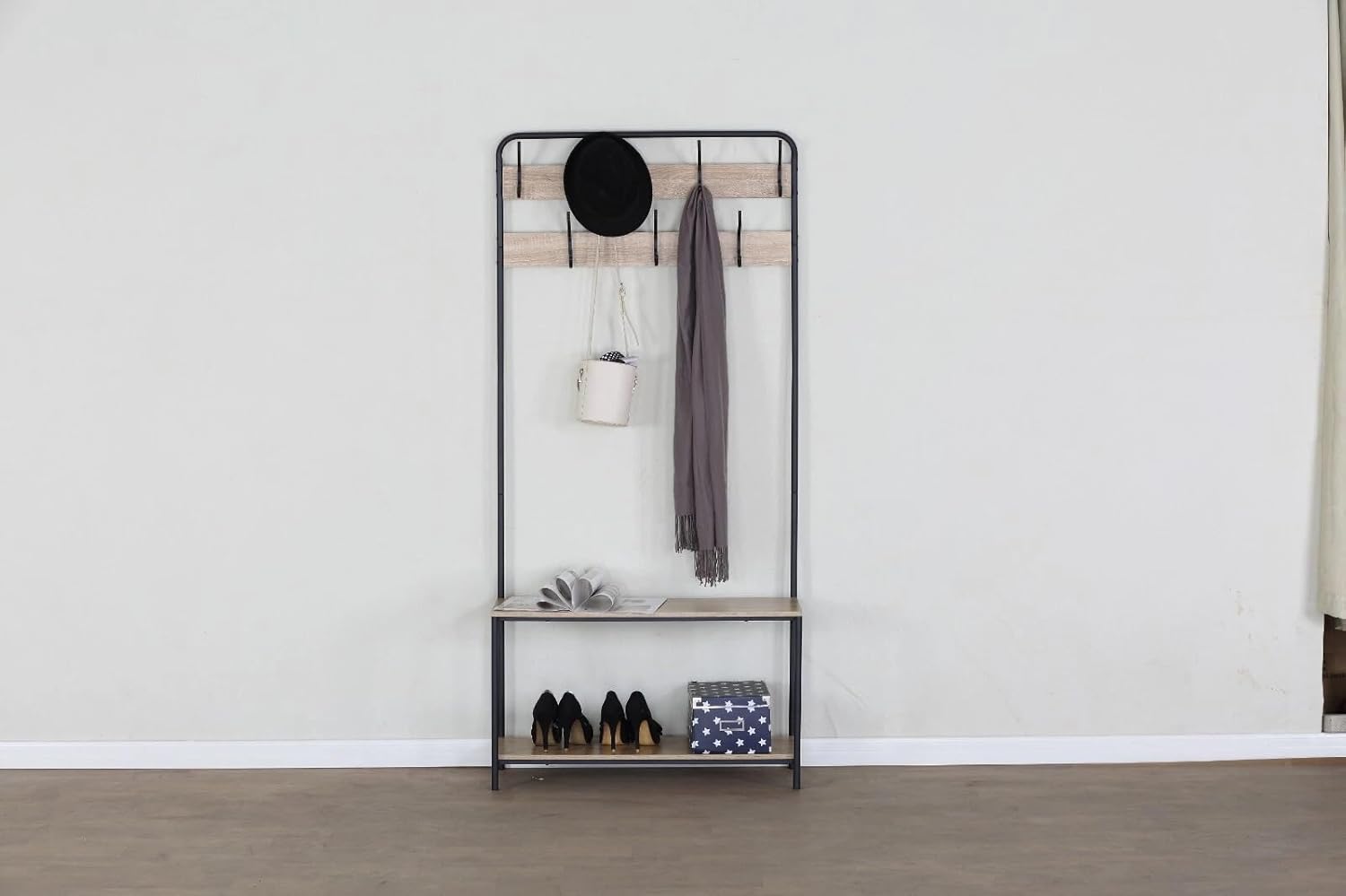 Clothes Hat Coat Rack with Shoe Storage Bench 7 Hooks Hanging Hallway Bedroom 80x30x170 cm