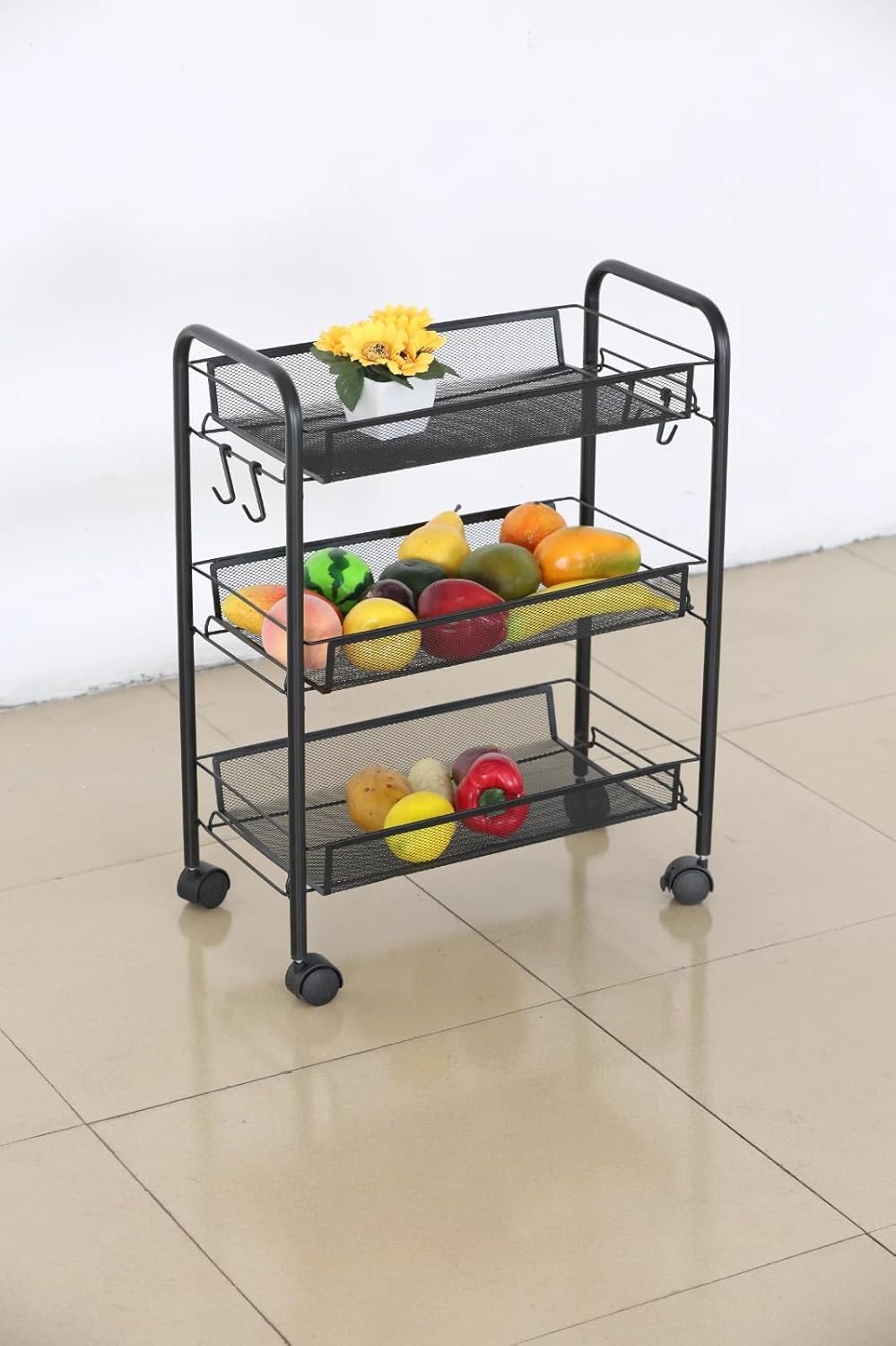 3 Tier Storage Cart Metal Kitchen Trolley on Wheels Organiser Utility Rack 44x26x62 cm