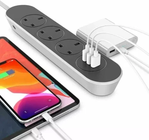 Surge Protected Extension Lead With USB 3 Gang Way 1.6M Electric Plug Socket UK