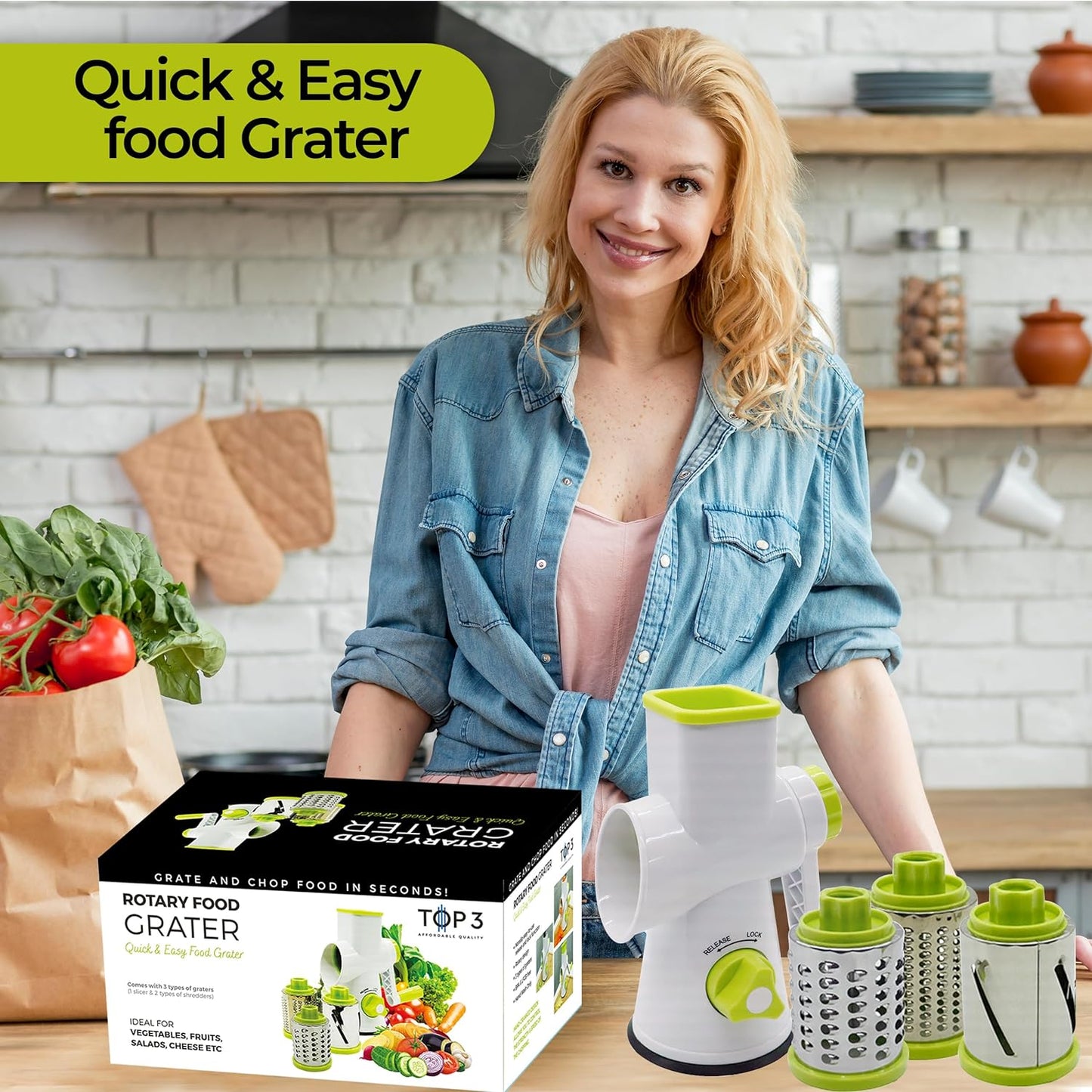 Rotary Cheese Grater, Vegetable Slicer with Three Grater Drums, Safe and Reliable Hand Grater, Vacuum Suction Base, for Vegetables, Fruits, Cheese