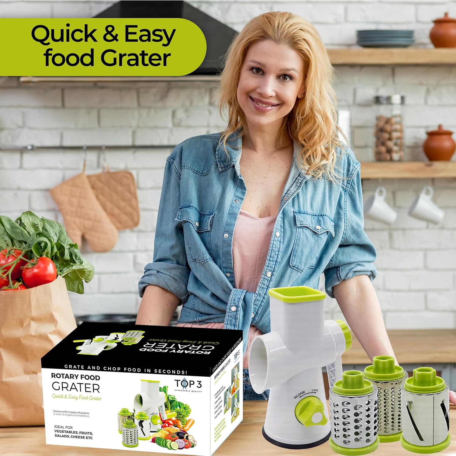 Rotary Cheese Grater, Vegetable Slicer with Three Grater Drums, Safe and Reliable Hand Grater, Vacuum Suction Base, for Vegetables, Fruits, Cheese