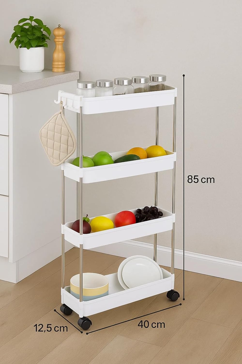 4-Tier Kitchen Storage Trolley on Wheels – Slim Plastic Rolling Organizer Rack 40×12.5×85 cm | Multi-Purpose Bathroom, Living Room & Home Utility Cart