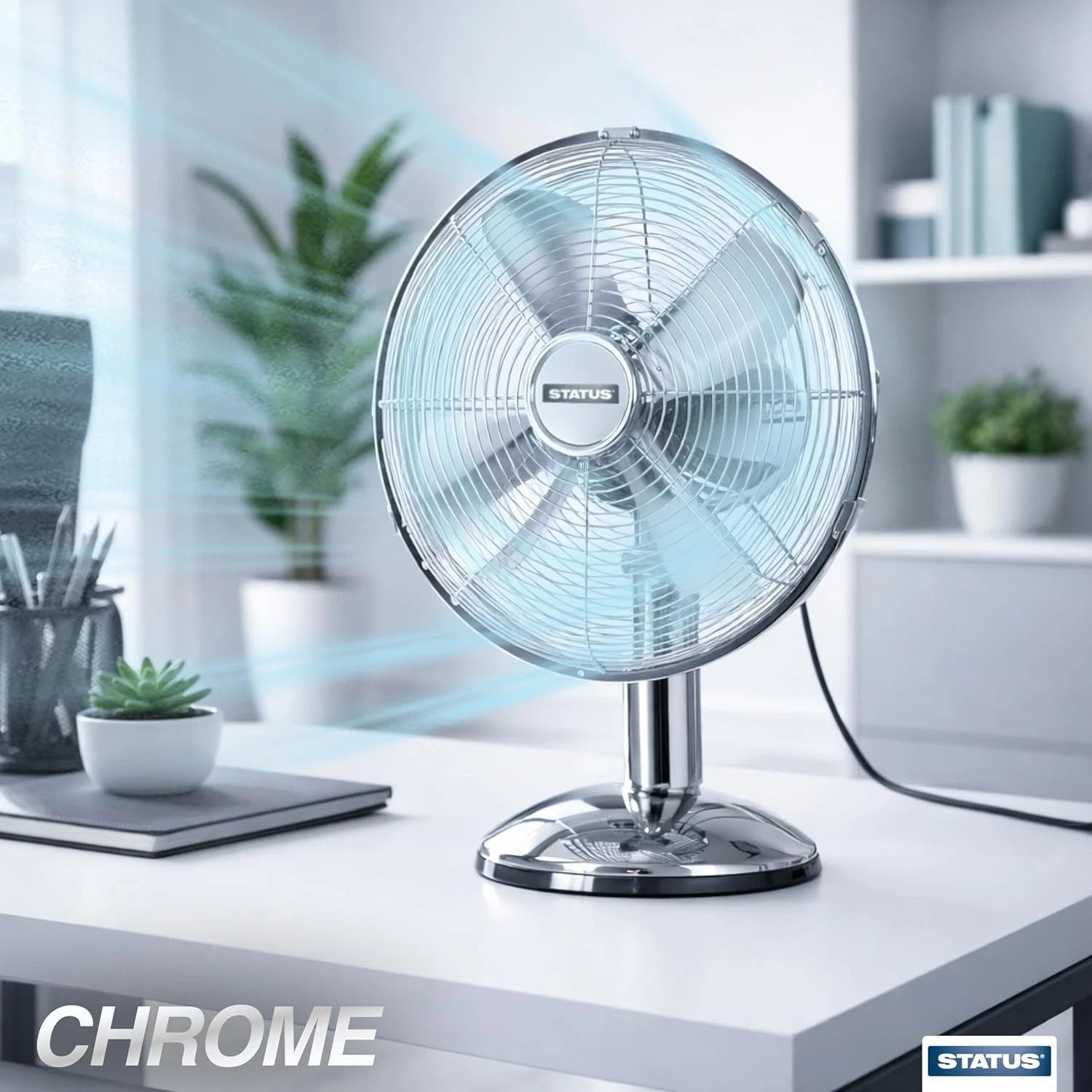 12 Inch Cooling Desk Fan Oscillating 3 Speed Chrome Metal Table Fan Adjustable