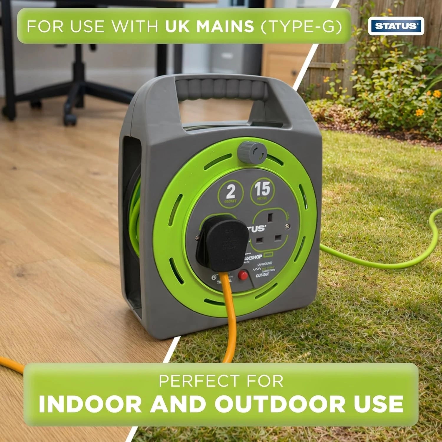 15m Extension Lead Reel – 2 Socket 13A Heavy Duty Cable Reel with Thermal Cut-Out for Indoor & Outdoor Use