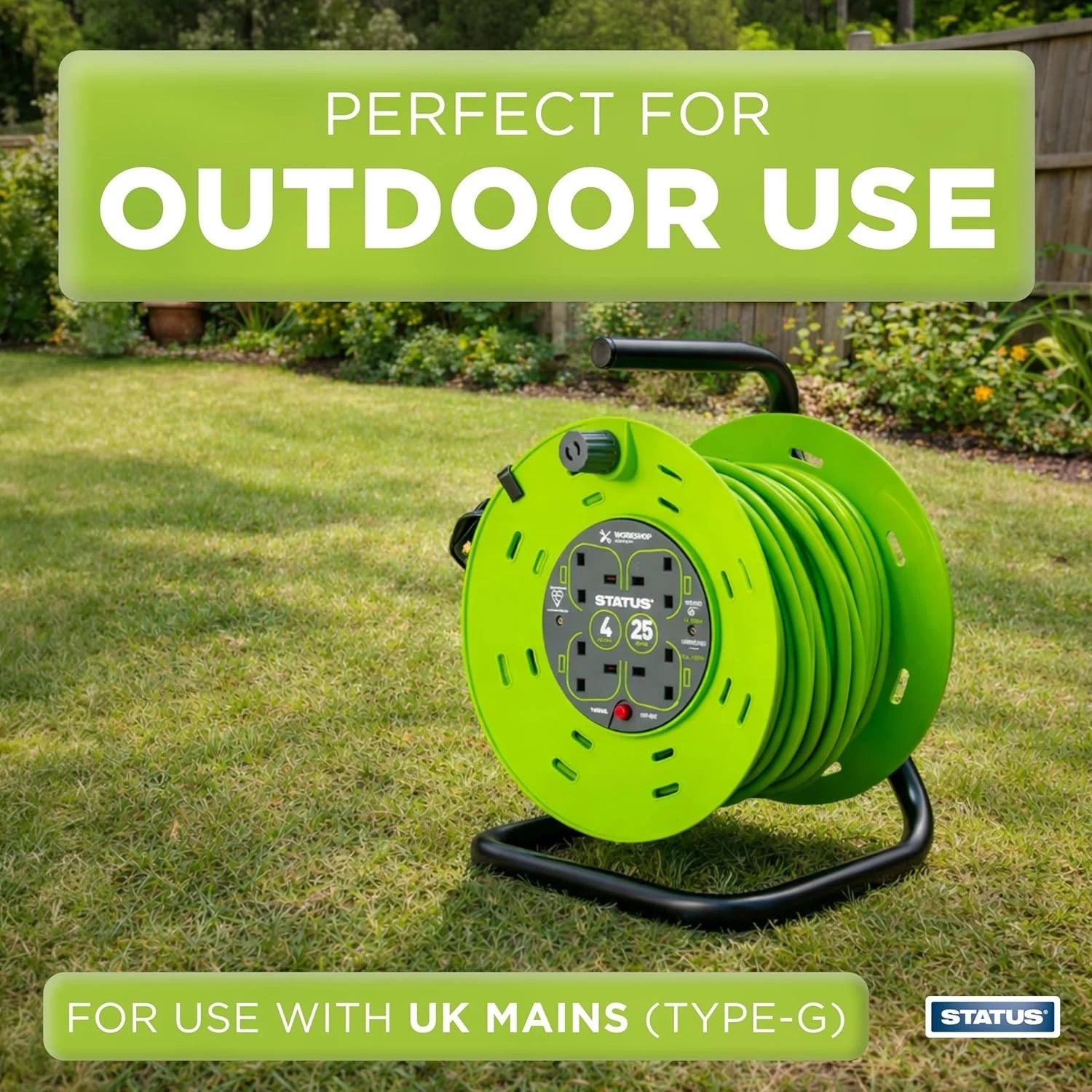 25m Extension Lead Reel – 4 Socket 13A Heavy Duty Cable Reel with Thermal Cut-Out for Indoor & Outdoor Power Use