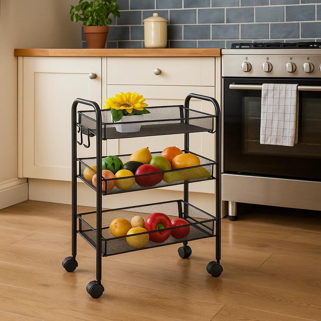 3 Tier Storage Cart Metal Kitchen Trolley on Wheels Organiser Utility Rack 44x26x62 cm