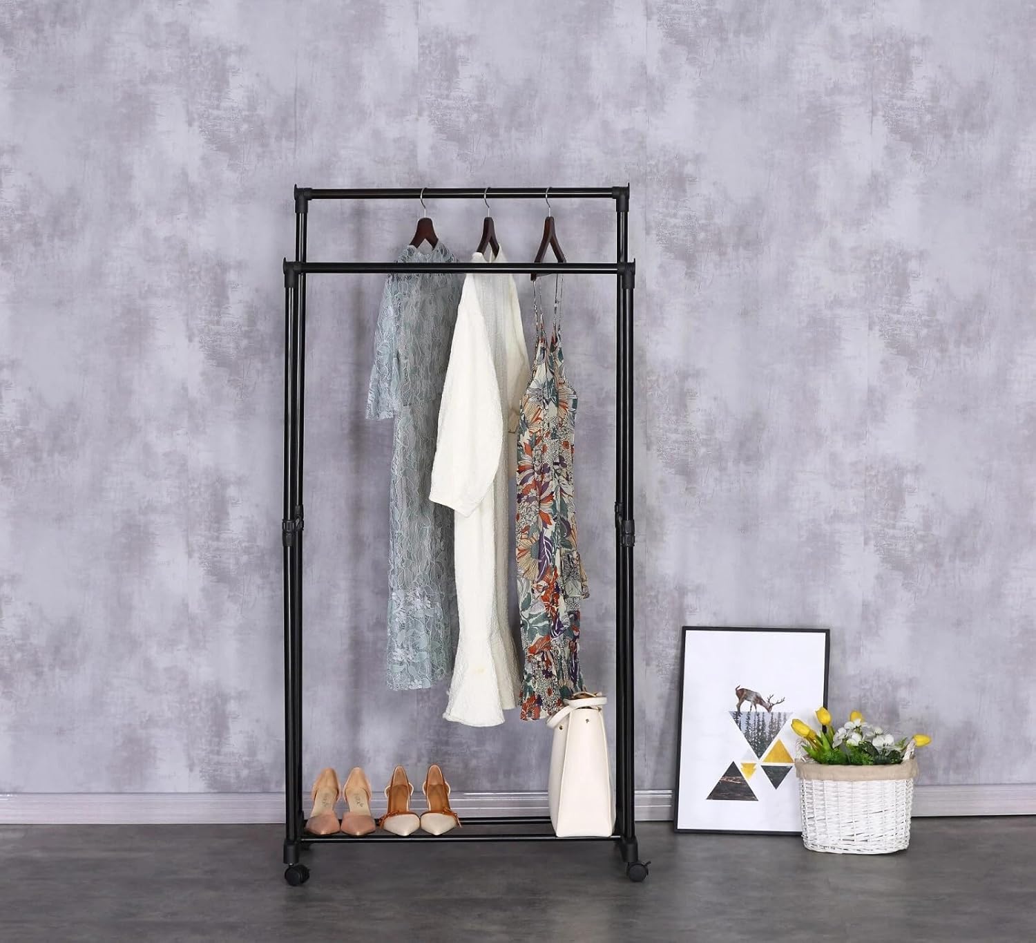 Clothes Rail Movable Double Hanging Clothes Rack with Wheels Bottom Shoes Shelf 74.5x39x157 cm
