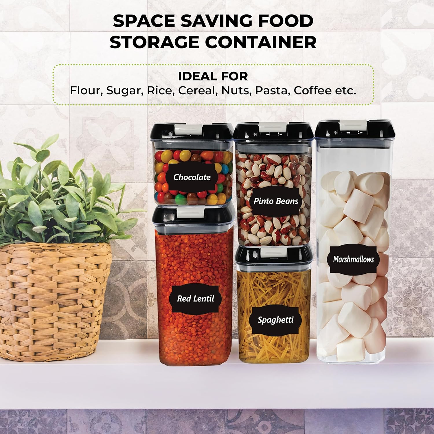 Top 3 Airtight Food Storage Containers – Pack Of 5 Plastic Multi-Size Storage Jars With 1 Marker, 10 Labels and 6 Measuring Spoons, For Flour, Cereals, Grains, Sugar, Pasta etc (Pack of 5)