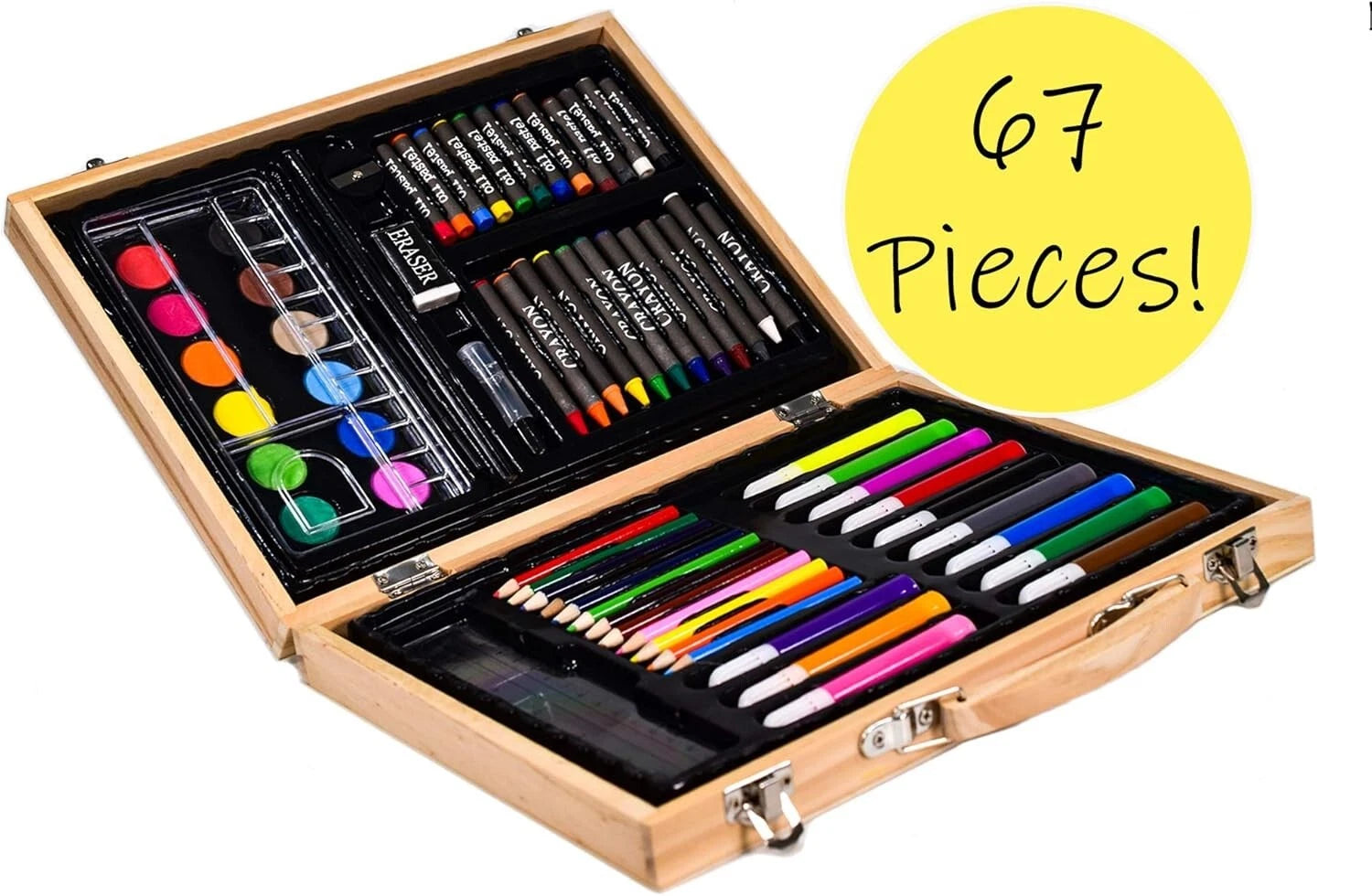 Kids Art Set 67 Piece Traditional Wooden Box Carry Case Pens Pencils Crayons NEW