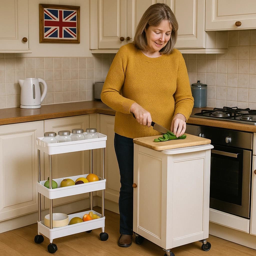3 Tier Plastic Kitchen Trolley on Wheels Storage Organiser Living Room Bathroom 60x13x40 cm