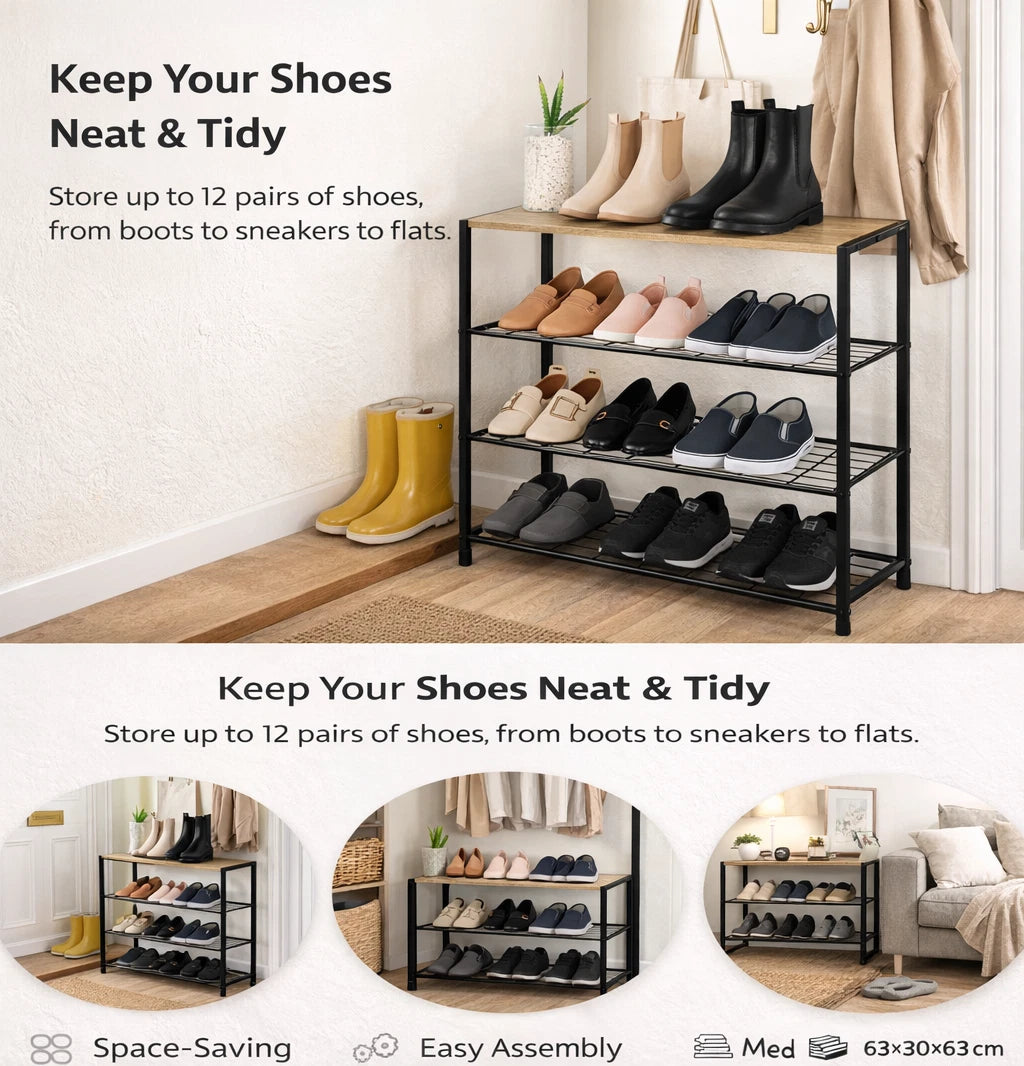 4 Tier Shoe Rack Metal Storage Organiser with Wooden Top – Footwear Storage Shelf for Hallway, Home & Bedroom