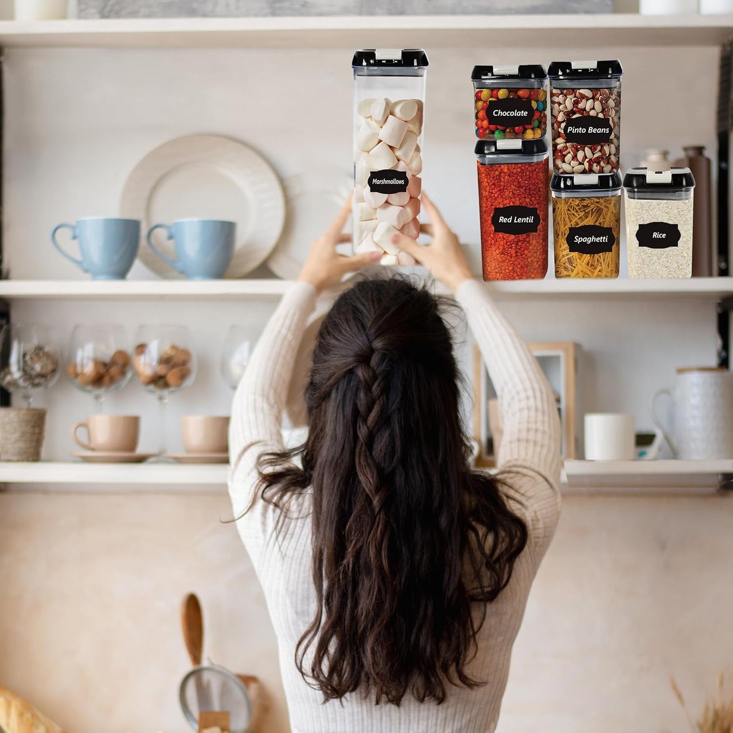 Top 3 Airtight Food Storage Containers – Pack Of 5 Plastic Multi-Size Storage Jars With 1 Marker, 10 Labels and 6 Measuring Spoons, For Flour, Cereals, Grains, Sugar, Pasta etc (Pack of 5)