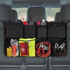 Car Boot Organiser - Backseat Storage Organizer with 4 Elastic Mesh Pockets and 2 Bottle Holder + 2 Large Compartments - Tidy Vehicle Hanging Storage | Declutter Cargo Net Bag for Travel