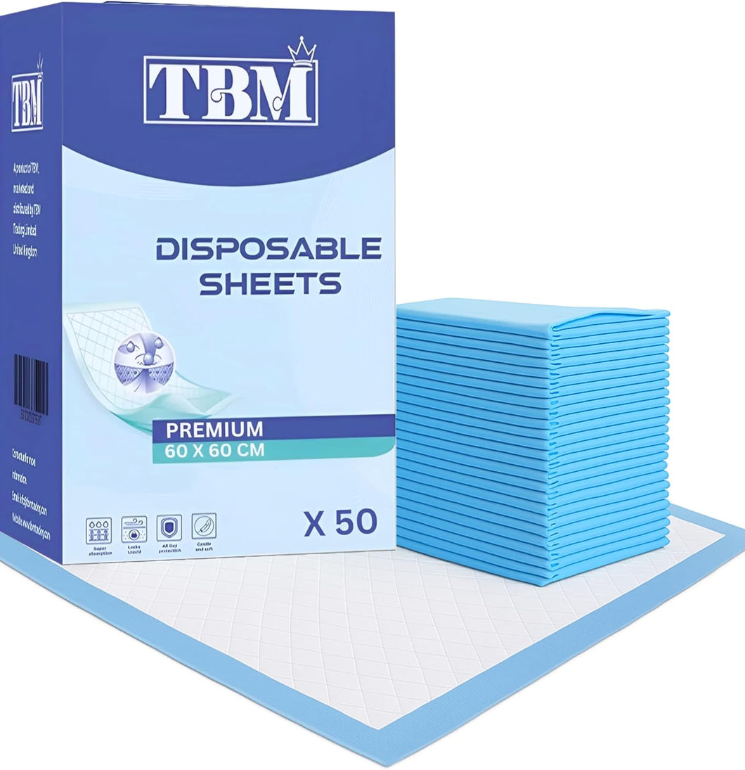 50 x Disposable Incontinence Bed Pads, Underpads, Bed Mats, Mattress Protectors, Incontinence Pads, Waterproof Bed Sheets for Every person | 60 x 60 cm