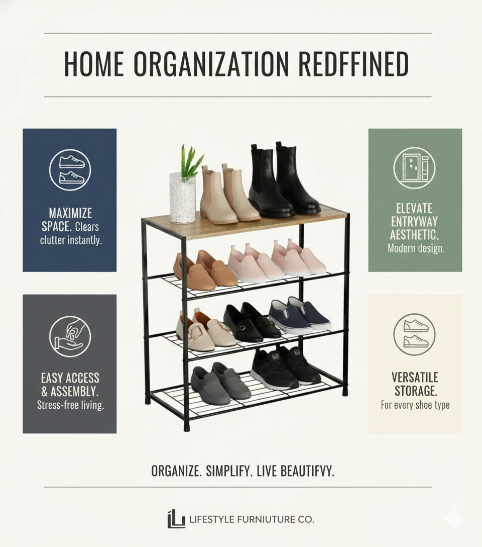 4 Tier Shoe Rack Metal Storage Organiser with Wooden Top – Footwear Storage Shelf for Hallway, Home & Bedroom