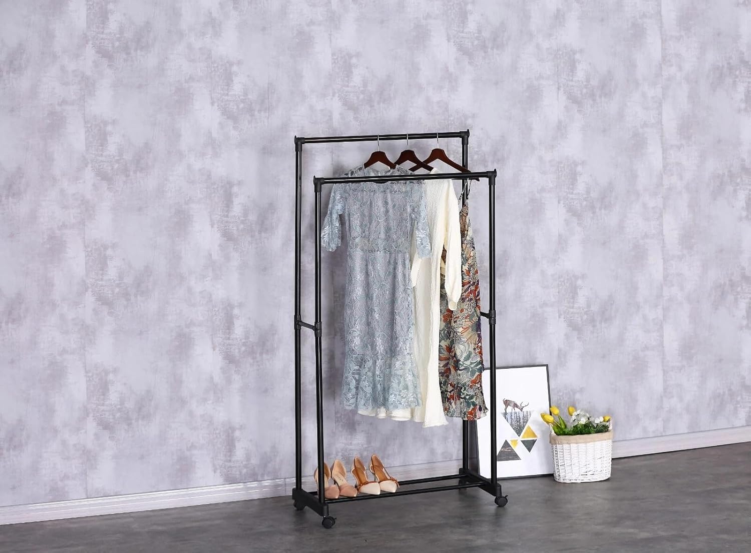 Clothes Rail Movable Double Hanging Clothes Rack with Wheels Bottom Shoes Shelf 74.5x39x157 cm