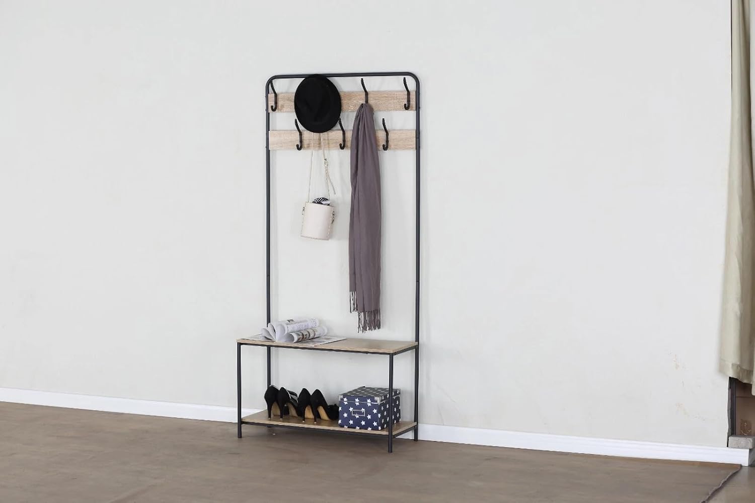 Clothes Hat Coat Rack with Shoe Storage Bench 7 Hooks Hanging Hallway Bedroom 80x30x170 cm