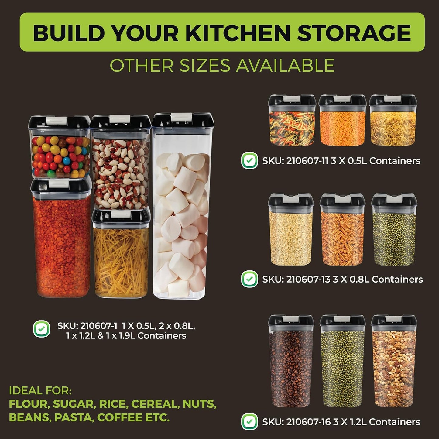 Top 3 Airtight Food Storage Containers – Pack Of 5 Plastic Multi-Size Storage Jars With 1 Marker, 10 Labels and 6 Measuring Spoons, For Flour, Cereals, Grains, Sugar, Pasta etc (Pack of 5)