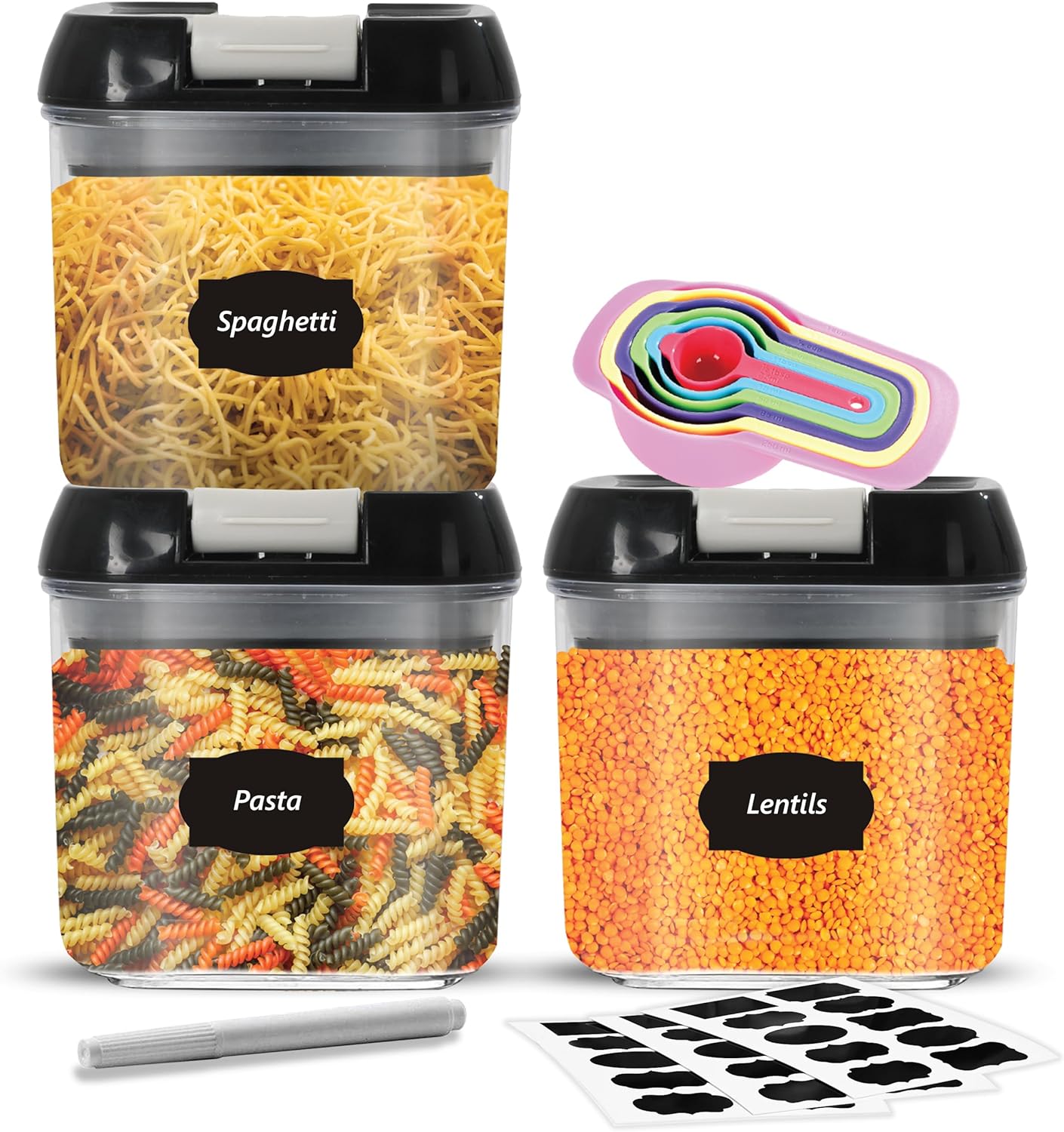 Top 3 Airtight Food Storage Containers – Pack Of 3 x 0.5L Plastic Storage Jars With 1 Marker, 10 Labels and 6 Measuring Spoons – For Flour, Cereals, Grains, Sugar, Nuts, Pasta etc (Pack of 3 x0.5L)