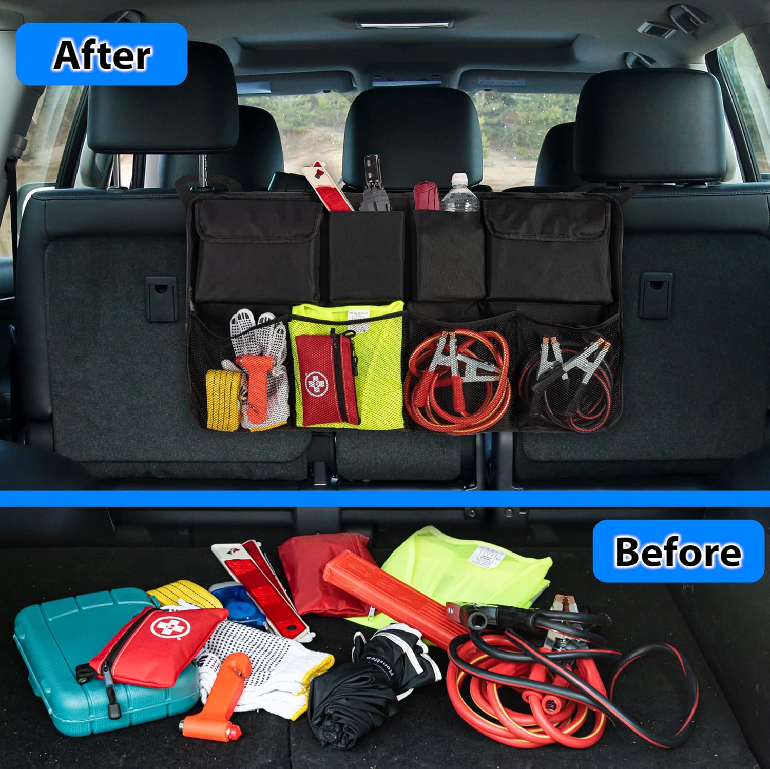 Car Boot Organiser - Backseat Storage Organizer with 4 Elastic Mesh Pockets and 2 Bottle Holder + 2 Large Compartments - Tidy Vehicle Hanging Storage | Declutter Cargo Net Bag for Travel